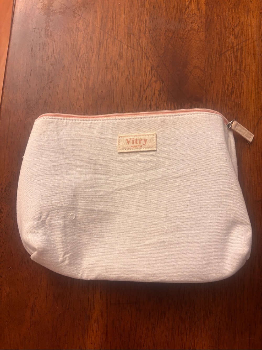 Vitry Paris White Canvas Cosmetic Pouch with Pink Zipper